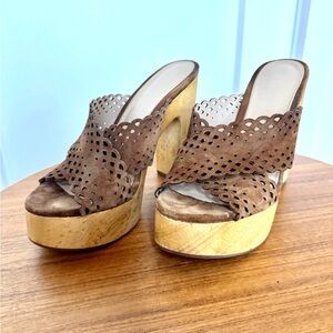 Veronica Beard Brown Suede Laser-Cut Platform Mule Heels